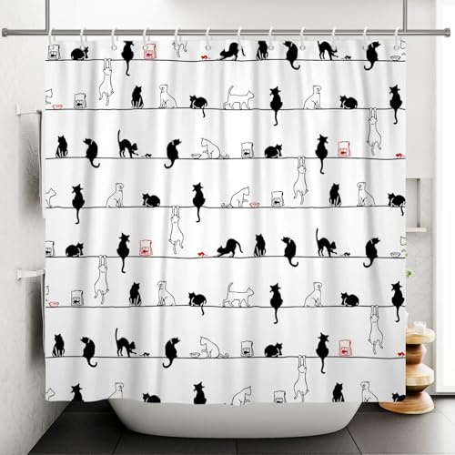 Bovlleetd 180x180cm Gato de Dibujos Animados Cortinas de Ducha Gato Blanco y Negro Divertido en la Cuerda Cortina de Ducha Bañera Impermeable Cortina de Arte Cortina de baño Simple con Ganchos