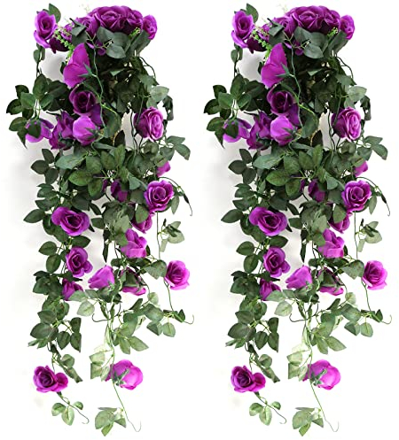 Hyakoz 2 Stück 90CM Künstliche Hängepflanzen Gefälschte Seide Rose Blumen Kunstpflanze Hängend Efeu Pflanze Künstlich für Außen Innen Hochzeit Terrasse-Lila