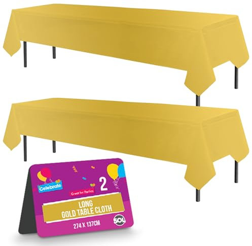SOL 2pk Long Gold Table Cloth Party 274x137cm Plastic Cover Disposable Tablecloths for Parties - Spill Protection - Great for Weddings, Buffets, Catering, Restaurants, Outdoor Events & Celebrations