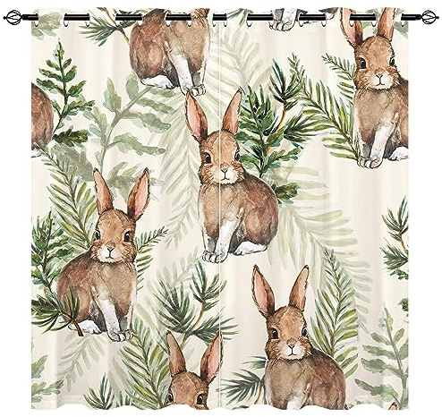 YUANZU Kaninchen Vorhänge Kinder Blatt Aquarell Wald Hase Ösen Gardinen mit Blickdichte Vorhang Kälteschutz Blackout Curtain Wohnzimmer Schlafzimmer Verdunkelung Fenster, 2 Stück, H 175 x B 140 cm