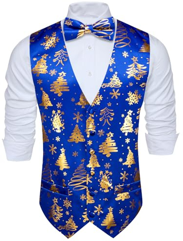 Barry.Wang Conjunto de Chaleco y Pajarita de Navidad para Hombre, Pajarita de Vestir de Negocios para Fiestas, Chaleco con Cuello en V, Copo de Nieve, Árbol de Navidad, Disfraces de Navidad, Oro azul
