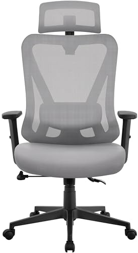 Yaheetech Silla Escritorio de Oficina Ergonomica Sillon Despacho con Respaldo Bloqueable Entre 90° y 130° Silla Soporte Lumbar Ajustable Malla Transpirable para Oficina Estudio Gris
