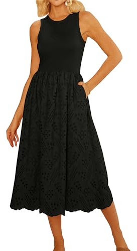 GRACE KARIN Damen Sommer Casual Kleider ärmelloses Tank Kleid Flowy Swing Sonnenkleider mit Taschen Plain Rundhalsausschnitt Schwarz L
