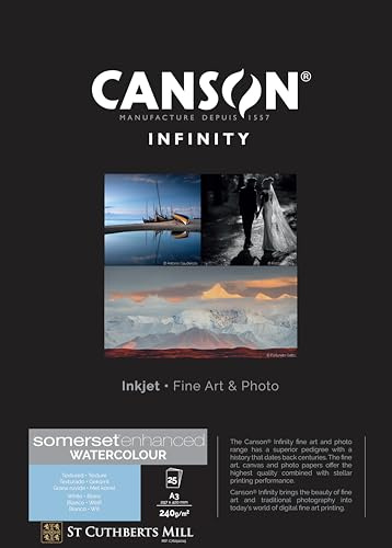 Canson Infinity Somerset förbättrad akvarell vit digital fotopapper 240 gsm korn naturlig vit låda A3 29,7 x 42 cm 25 ark