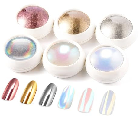 BISHENGYF Gold Chrome Nail Powder: Superspiegel-Nagelglitzer, Metal Holo Cromepulver Nägel Gel Pigment Weiß Aurora Glazed Donut Glassy Pearl Nagelpuder, Silver Nagelkunstsalon DIY Design Dekor(6PCS)