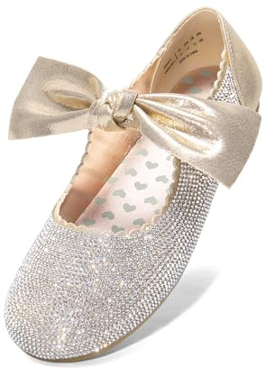 Drömpar flickor ballerina platta Mary Jane främre rosett klänning skor, Guld-strass, 3 Little Kid