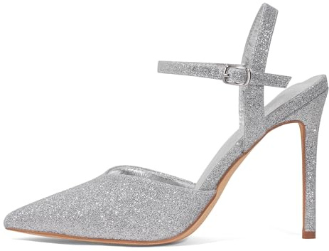 GENSHUO eleganta höga klackar med spetsigt tåområde och 10 cm stilett, sexiga damskor med ankelrem för kvällen, Silver glitter, 41 EU
