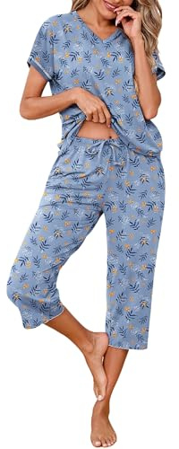Uniexcosm Women's Pyjama Sets, Ladies Capri Pyjama Set Short Sleeve Top + Cropped Pants Comfy Pjs with Pockets Adjustable Drawstring Nightwear Sleepwear Loungewear for All Seasons