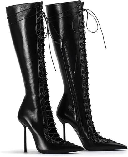 Gikleihwy Stivaletti Donna Alti allacciati con Lacci, Tacco a Spillo Punta Fine Stivali Gotici, Materiale Maglia Elasticizzata per Polpacci Larghi - Per Serata, Discoteca, Cosplay(Black,38 EU)