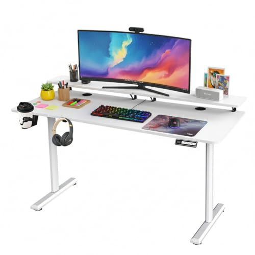SOSINYA 140x60cm Mesa Escritorio Elevable, Mesa Elevable Escritorio, Mesa Gaming Blanco, Secretaria Elevatoria, Memoria de Altura Ajustable, Adecuado para Estudiar, Trabajar, Juegos