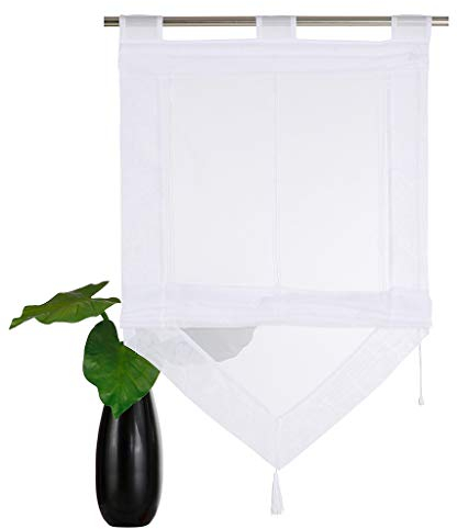 SIMPVALE 1 Stück Raffrollo Vorhang mit Quastendekoration, Höhenverstellbar Transparenter Voile Vorhänge, Modern Gardinen für Schlafzimmer Badezimmer Küche, Weiß, 45x140cm