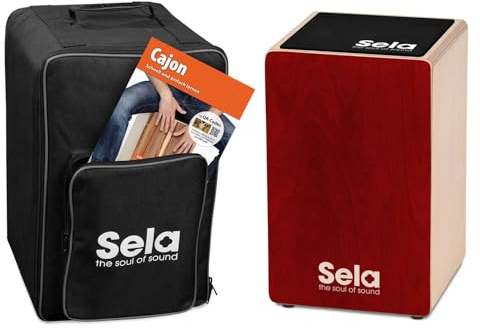 Sela SE 184 DE Primera Cajon Red Einsteiger Bundle mit Sela Snare System, aufgebaut, Rucksack, Sitzpad, Schule, CD, DVD