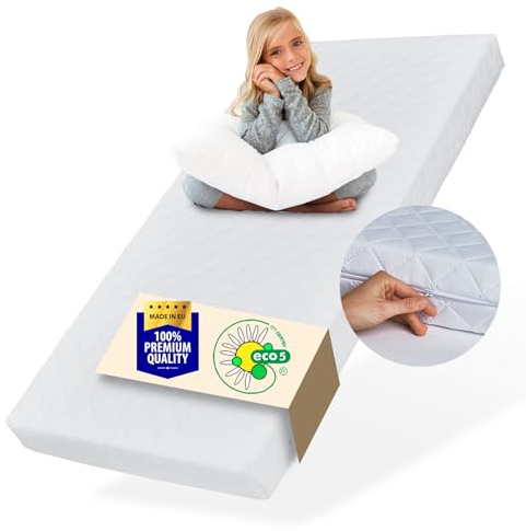 Kids Collective Matratze 80x160 Baby Kindermatratze 80x160cm mit waschbarem Bezug für Kinder 10cm hoch mit Spannbettlaken aus 100% Baumwolle Wendematratze eco5 Zertifizierung für Kinderbett Bodenbett