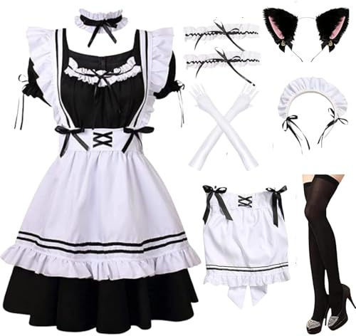 maxToonrain hembiträde kostymset, kvinnor fin klänning anime Lolita, fransk alla hjärtans dag hembiträde outfit med handskar strumpor för kvinnor flickor .