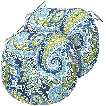 Magpie Fabrics Outdoor Round Bistro Seat Cushions with Ties, 15x15x4 Set of 2, Tufted Waterproof Barstool Chair Pads for Patio Home Garden Office, Paisley Lapis Green