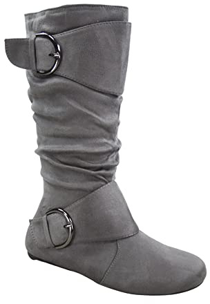 FZ-Fits Women's Closed Round Toe Buckle Side Zip Buckle Slouch Flat Heel Mid-Calf Boot