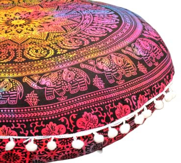 CRAFT KALA 81.3 cm Boho großes, rundes Bohemian-Bodenkissen, Pouf-Bezug, übergroßes Mandala-Meditationsraumkissen für Erwachsene, große Sitzkissen, Tipi, Lesesespielzimmer (Multi-Elefant)