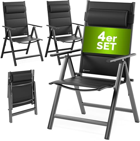 CASARIA Set of 4 Bern Premium Folding Aluminium Garden Chairs Anthracite | Lightweight Foldable Padded Armchair Set with 8 Position Reclining Backrests for Patio Balcony Garden Dining and Outdoor Use