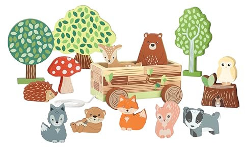 Orange Tree Toys Woodland Animals Wooden Play Set and Pull Along Toy - Animal Figures, Small World Pretend Play - Play Figure Playsets for 1 2 3 Year Old Boys, Girls, Toddlers - Montessori Toys