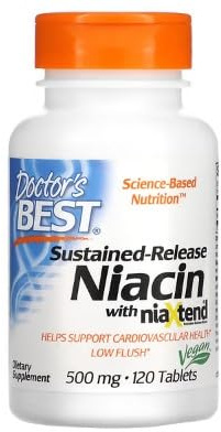 Doctor's Best Niacine à Libération Prolongée avec niaXtend, 500mg - 120 Comprimés - Soutien Cardiovasculaire et Santé Métabolique