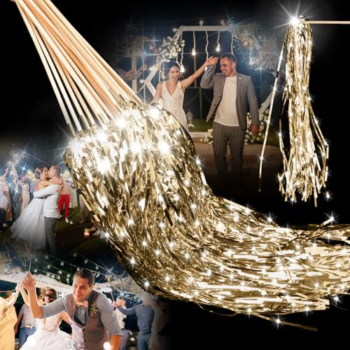 Simgoing 48 Pcs Lighted Wedding Wands LED Tinsel Wands Streamers Wedding Sparklers Send Off Light Sticks for Reception Birthday Exits Baby Shower Concert Party Favors(Champagne)