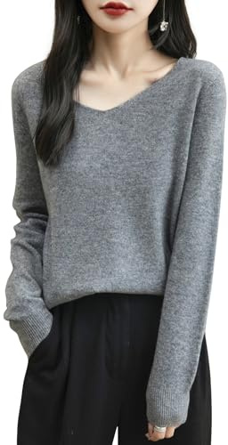 Chanyarn Femme 100% Lain Merino Col en V Pull 2025 Décontracté à Manches Longues sans Couture Pull en Tricot (Grey,L)