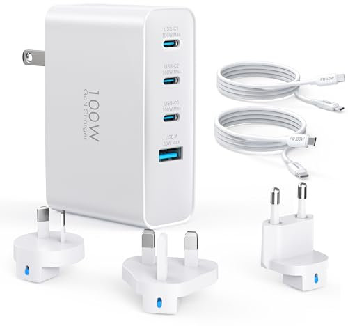 Topadre Caricatore da Viaggio USB-C da 100W, Convertitore Adattatore da Viaggio Pieghevole a 4 Porte con Spine UK/EU/AU, Ricarica Rapida per MacBook Pro/Air, iPad Pro, Bianco