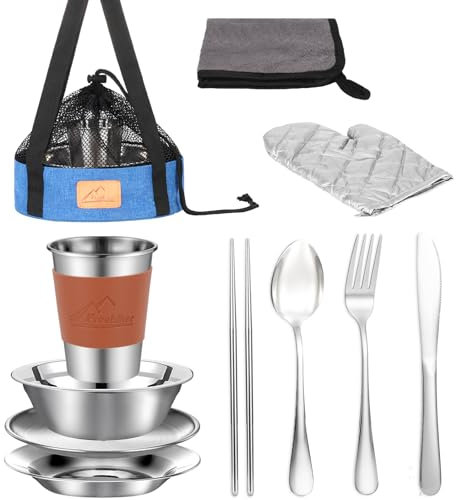 Camping Mess Kit - 1 to 2 Persons Camping Dishes Includes Cups Bowls Dishes Knives Forks Spoons, Etc, Camping Cutlery Set with Mesh Bag is Easy to Carry for Backpacking, Camping, Hiking and Picnics