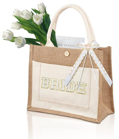 Hocadrv Jutetasche Braut Tasche Jute Shopper Jute Tasche mit Schriftzug Bride und Schleifenband Personalisierte Tasche für Bride to be Deko Jutetasche Hochzeit Geschenk Geburtstage(35x30x14CM)