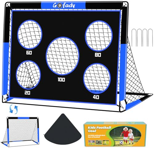 Gofady 2-in-1 Football Goal for Kids - Portable & Durable Soccer Training Net with 5 Target Ranges, Foldable Design, Carrying Bag, Easy Assembly for Backyard, Garden, Beach(Blue, 120 * 90 * 90cm)