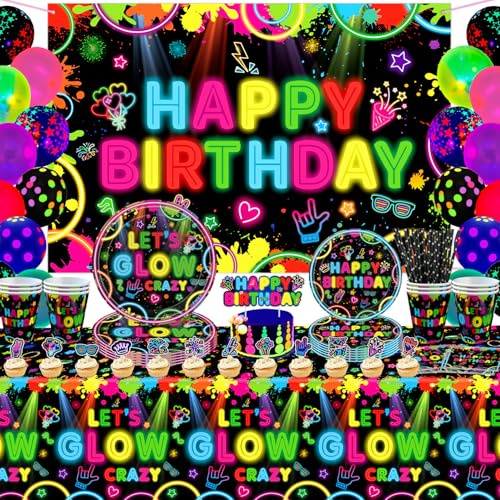 Confezione da 160 pezzi luminosi al neon per feste di compleanno, decorazioni luminose per feste, set di stoviglie tra cui piatti, sfondo, tovaglioli, tovaglie, tema neon, accessori per feste, 40