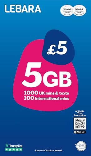 Lebara Mobile SIM Card with 5GB Data Plan for £2.50, Half Price for First 3 Months, No Contract, UK Calls, Texts, International Minutes, EU and India Roaming Included