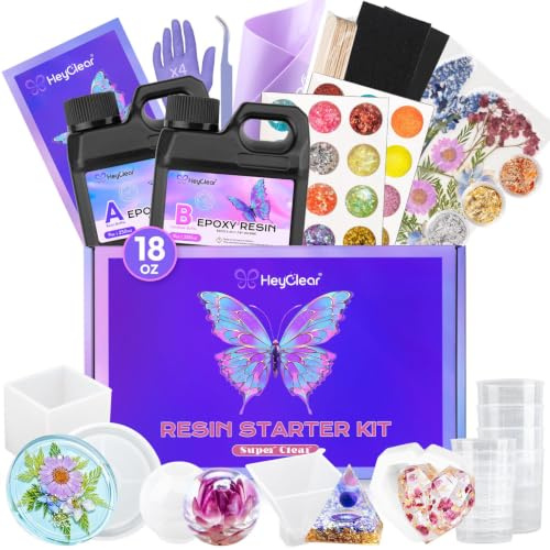 HeyClear Kit iniziale di stampi in silicone per resina epossidica, 510 g, super trasparente e resistente, set completo di accessori e forniture per principianti, per creazioni fai da te