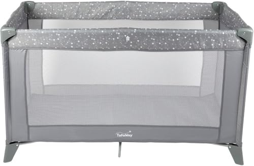 Tataway Happy Star grå resesäng, lekhage för barn upp till 15 kg, kompakt hopfällbar campingsäng vikt 7,8 kg, stor ventilation med madrass ingår