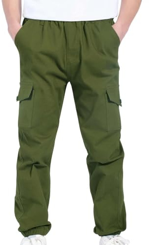 Kids Cuffed Cargo Trousers Boys Age 3-13 Years Baggy Pants for Teenager Boys Elastic Waist with Pockets Stretchy Comfy School Casual Athletic Streetwear Bottoms (Army Green, 12-13 Years)