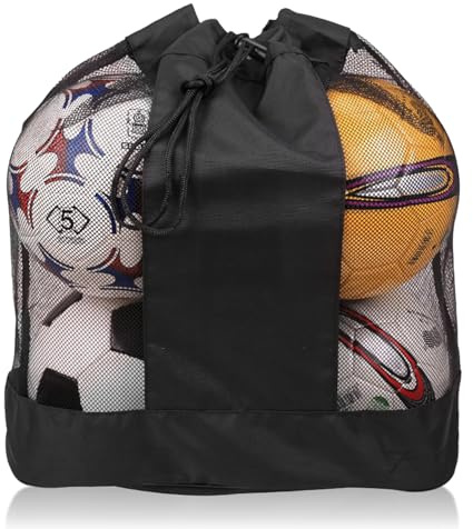 SacJkt Sac à Ballons de Foot, Sac de Balle en Maille Grande Capacité avec Cordon de Serrage avec Bretelles Réglables, pour Football, Basketball, Volleyball（Noir, S）