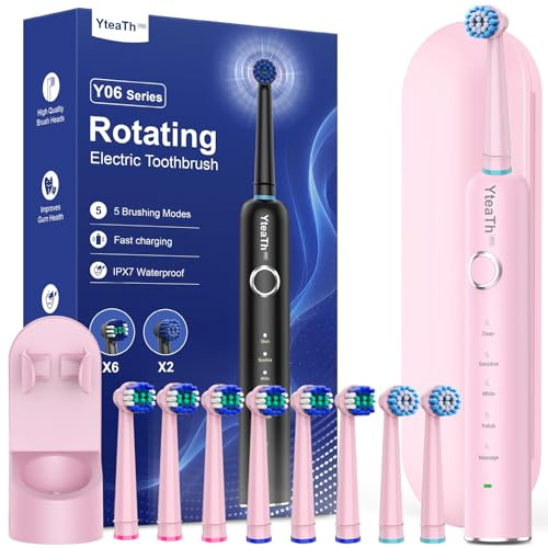Cepillo de Dientes Eléctrico de Rotación para Blanqueador Dental - Cepillo Electrico con 8 Cabezales, Estuche de Viaje, 5 Modos, IPX7, Cepillo Dientes Electrico Viaje Recargable, Rosa Cereza