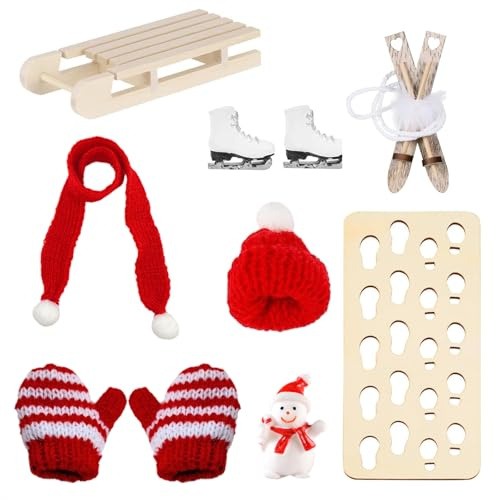 Accesorio de gnomo para Navidad, minijuego de esquís con trineo, esquís de madera, botas de esquí, gorro, bufanda y huellas, decoración para casa de muñecas y puerta de duendes