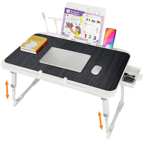 Laptop-skrivbord för säng, justerbar höjd laptop sängbord, hopfällbart knäskrivbord med USB-laddningsport, skrivbordskortplats, sidolåda, bokhylla, bärbar knäbricka för att äta läser arbete soffa och