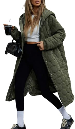 chouyatou Women's 2026 Winter Lightweight Quilted Puffer Jacket Hooded Midi Long Puffer Coat Overcoat (Large, Army Green)