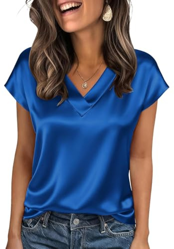 OLIPHEE Tshirt Seta Donna Elegante con Scollo a V Manica Corta Satin Blusa Donna Estiva Primavera Camica in Raso Loose Business Top da Ufficio in Tinta Unita