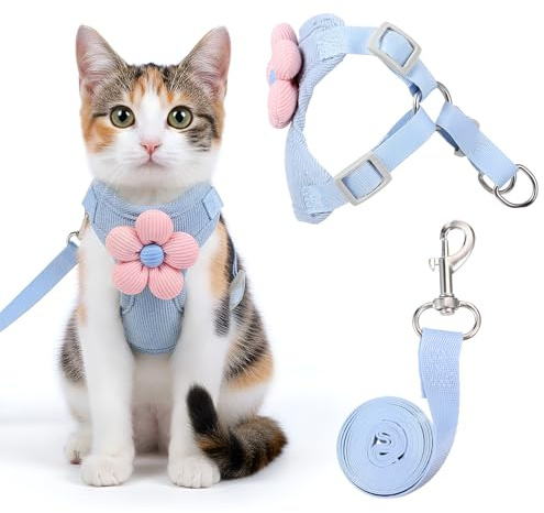 Hadnves Cat Harness and Leash Set, Escape Proof Safe Kitten Vest Harnesses Adjustable Comfy Breathable Soft Mesh Step-in Jacket with Flower for Small Pet Kitty Puppy Dogs Bunny Walking