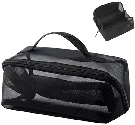 KASESSS Flat Lay Mesh Travel Makeup Bag, Wide Open Portable Cosmetics Bag with Pocket for Brushes,See-Through Design, Breathable Make Up Bags for Women, Large Capacity Toiletry Bags, Black Makeupbag