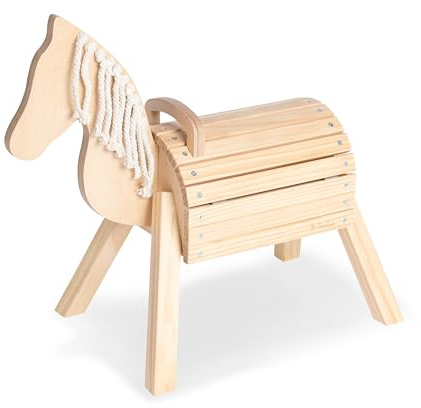 PINOLINO Cavallo in legno Nelli, cavallo da gioco in betulla e abete rosso, laccato chiaro, cavallo da equitazione con vano portaoggetti, pony in legno con criniera in cotone, 70 x 33 x 55 cm, per