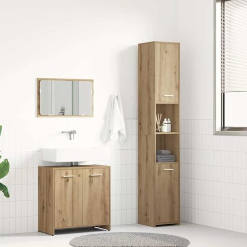 Traylux 3-delat badrumsmöbelset artisan-ek trämaterial med tvättställ, spegel och underskåp för snygg och praktisk förvaring i badrummet