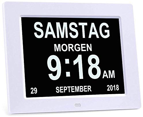 8 Zoll Digital Wecker, Digitaler Kalender Tag Uhr, Wecker Mehrere Modi mit Erinnerungsfunktion für Senioren, Demenz z.B. Alzheimer Patienten, Großer Schrift Elektronischer Kalender Tag Uhr - Weiß