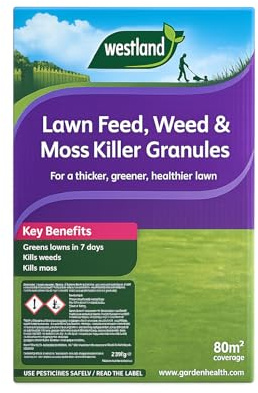 Westland Lawn Feed, Weed & Moss Killer Granules For A Thicker, Greener, Healthier Lawn 80M2 Coverage