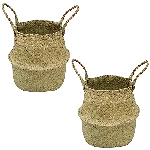 Woodside Large Woven Seagrass Belly Basket, Foldable Home Storage for Toys & Laundry, Decorative Plant Pot, Beach Bag, Grocery/Picnic Basket, pack of 2