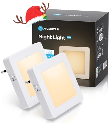 Aigostar 2 Piezas Luz Nocturna Infantil con Sensor de Luz, 2 Niveles de Brillo Luz Noche LED, Luz Quitamiedos Infantil para Habitación de Niños, Baño, Pasillo, Cocina, Escaleras, Blanco Cálido