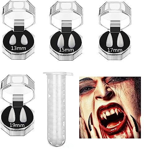 4 Pair Halloween Vampire Fangs with Adhesive, Reusable Vampire Teeth for Halloween Party Cosplay Favors Dress Up Accessories Prop Decoration Gift (13/15/17/19mm)